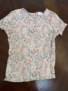 Little Lass Pink & Blue Floral Ribbed Short Sleeve Top